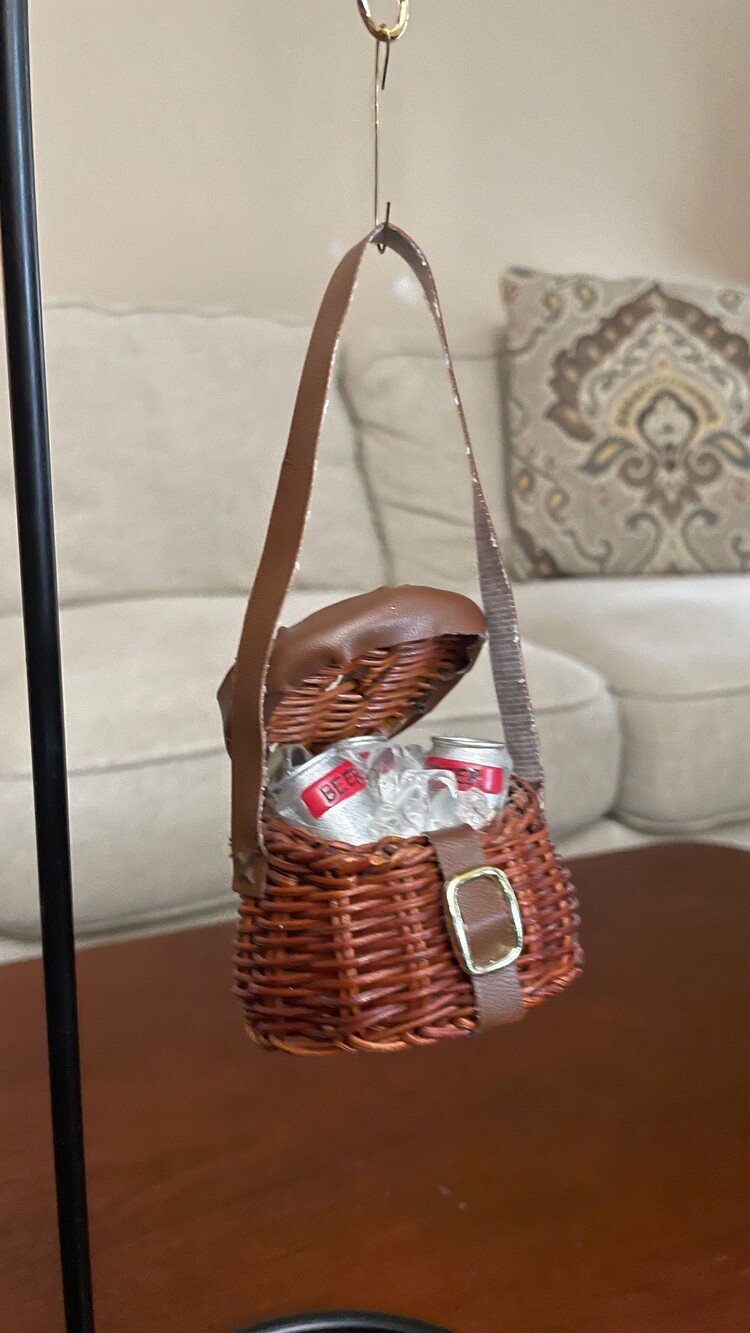 Miniature Wicker Basket with Brown Strap and Beer Cans Decoration or Ornament